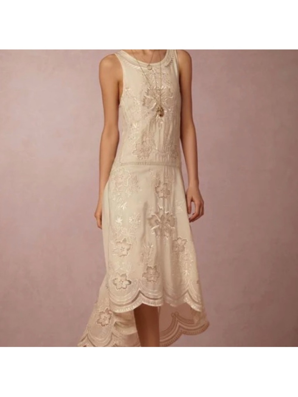 TRYB-Anthropologie BEIGE Embroider Drop-Waist Hi-Low Hem Flowy Maxi Dress Sz. Sm